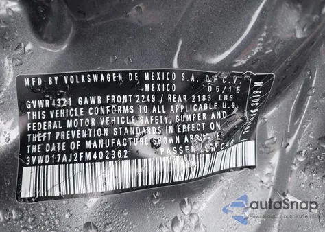 2015 Volkswagen Jetta 1.8T Sport из США, поврежденный, VIN 3VWD17AJ2FM402362